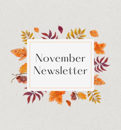 Text: "November Newsletter," surrounded by leaves in fall colors on a white background.