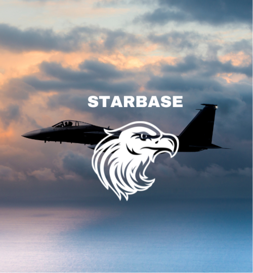 F-15 flying over an ocean with a cloudy sky; graphic eagle and the word "STARBASE" superimposed.